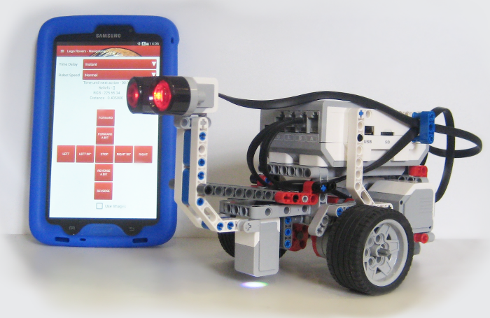 Picture of a Lego Rover with an Android Tablet displaying the Interface